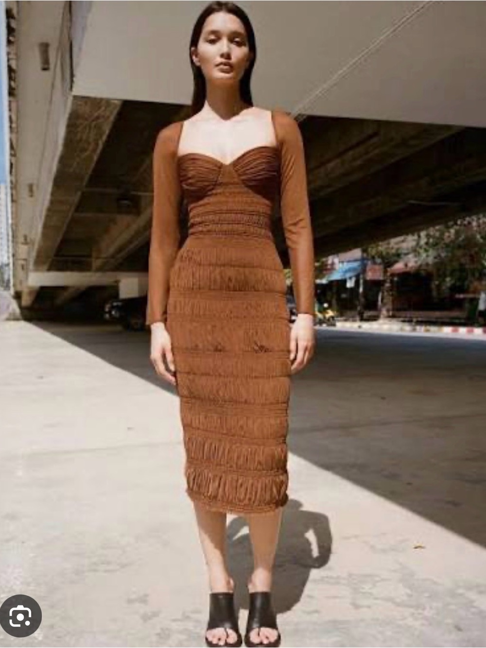 Self-Portrait Brown Long-Sleeve Fringe Midi Dress